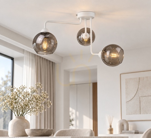 Verifica Plafonieră Keter Lighting COSMO WHITE 1295, 3×E27, albă cu sticlă fumurie
