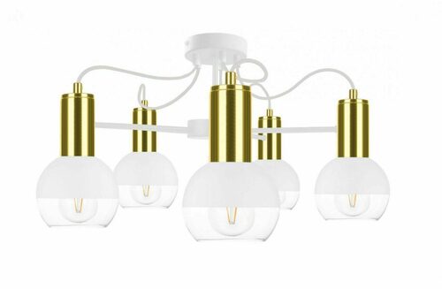 Verifica Keter Lighting Arne White/Gold 1821 plafonieră, 5 × E27 max 60 W, globuri de sticlă alb-transparent, 60 × 60 × 37 cm