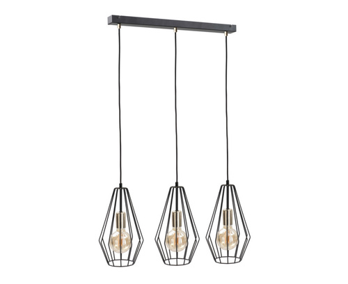 Verifica Lustră suspendată Keter Lighting LEX GOLD 433 – 3×E27, abajururi negre din sârmă, dulii aurii, bară de 60 cm