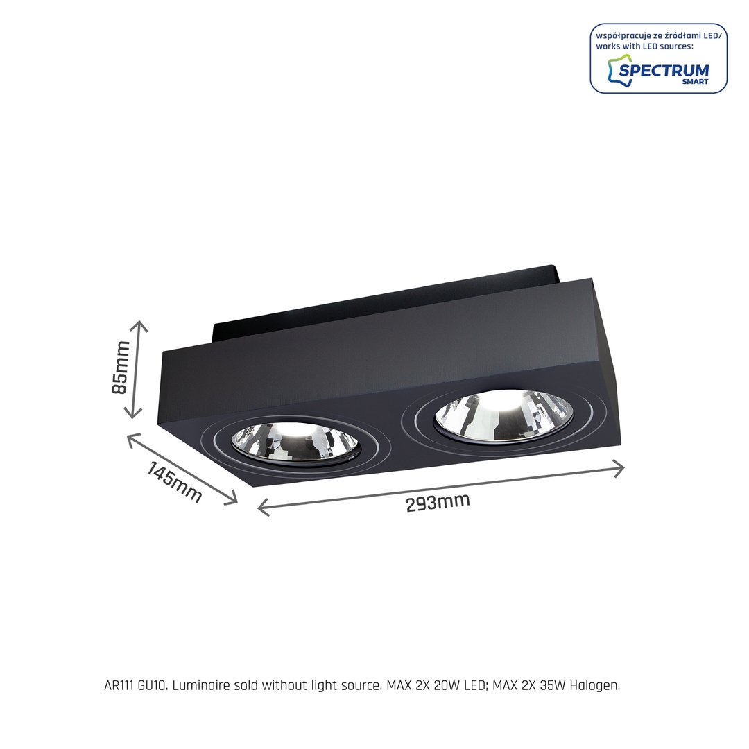 Vedere Mirora Ar111 X2 Montat pe suprafață Gu10 250 V Ip20 293 X145 X 85mm Negru Rectangular Movable negru Mirora Ar111 X2 Montat pe suprafață Gu10 250 V Ip20 293 X145 X 85mm Negru Rectangular Movable negru