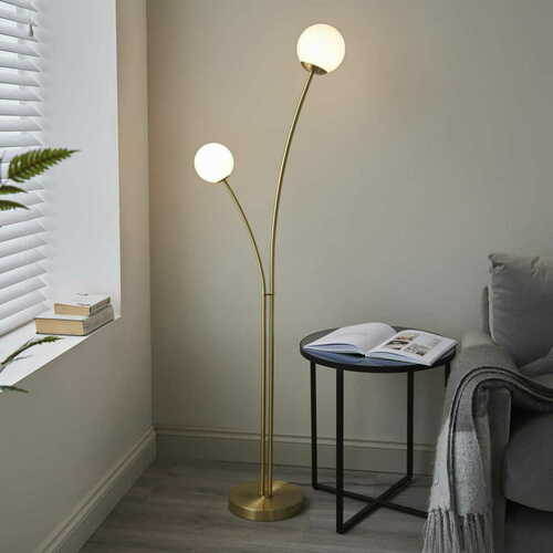 Verifica Lampă de podea Endon Bloom alamă/alb, LED G9, 160,8 cm, 2 becuri, oțel și sticlă