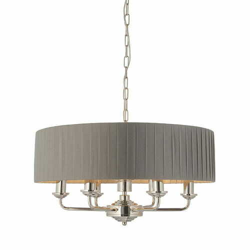 Verifica Pendul Endon Highclere 6 lumini E14 gri nichel, abajur textil 55 cm