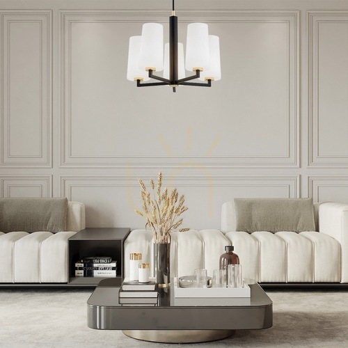 Verifica Candelabru Argon CAMELOT PLUS 2114, negru mat, sticlă opal și detalii alamate, 5×E27