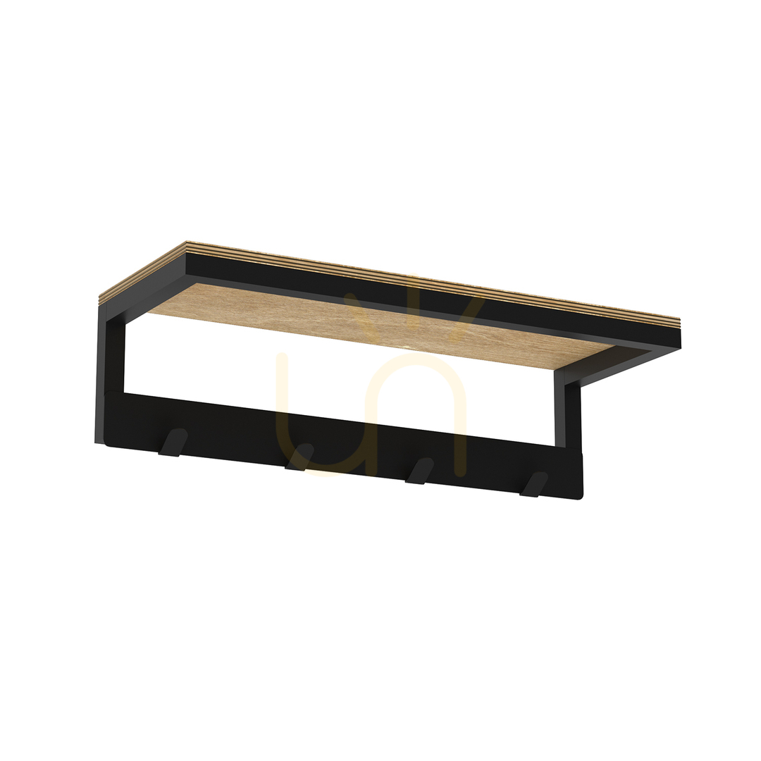 Suport de perete pentru prosoape 40 cm cu raft din placaj - Multiple - 4 rafturi, negru.