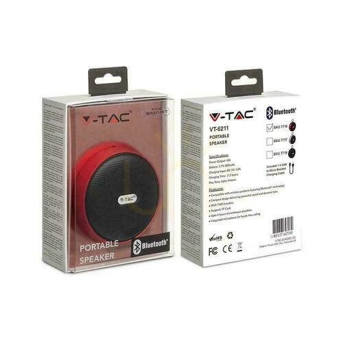 Verifica Difuzor portabil Bluetooth Micro USB de înaltă calitate 800mAh cablu roșu V-TAC VT-6211