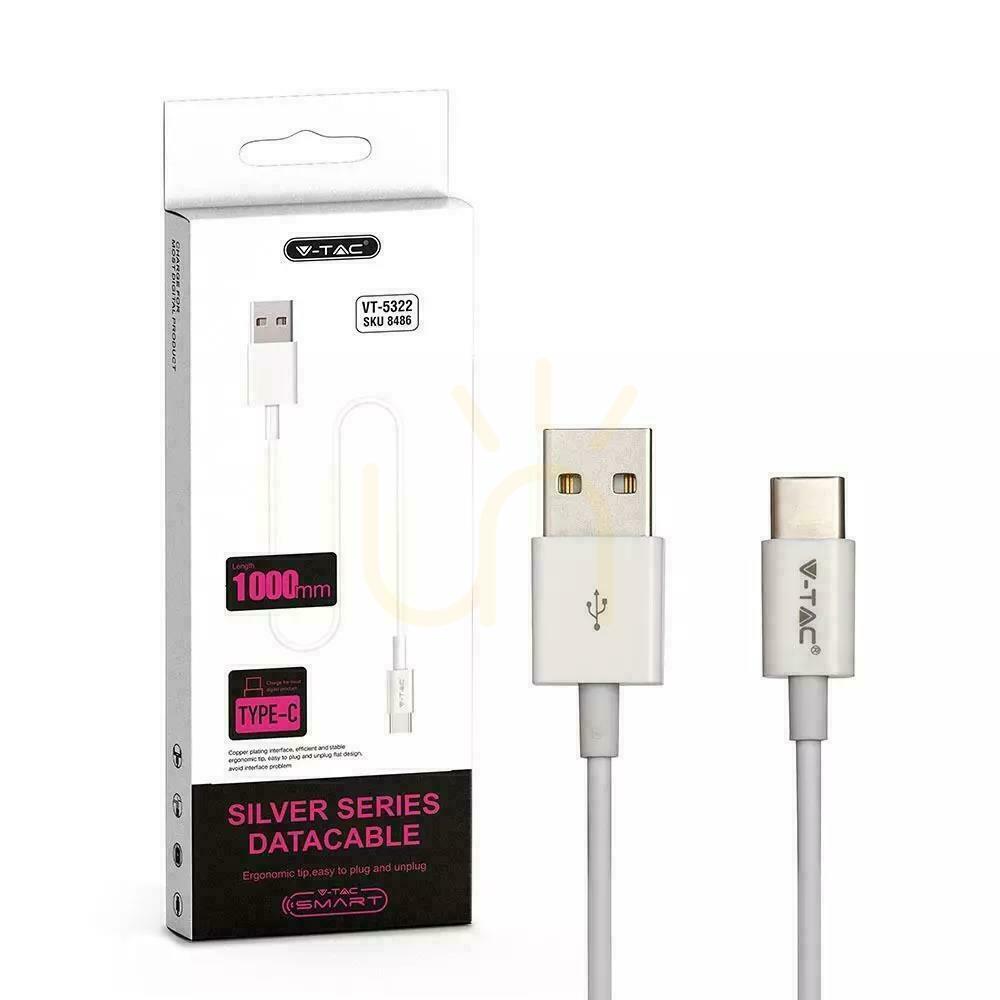 Vedere V-TAC Cablu USB tip C 1M alb argintiu Seria VT-5322 V-TAC Cablu USB tip C 1M alb argintiu Seria VT-5322