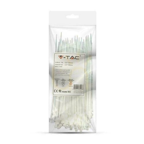 Verifica V-TAC Clemă 2.5x150mm Alb 8kg Nylon66 (Pachet. 100pcs)