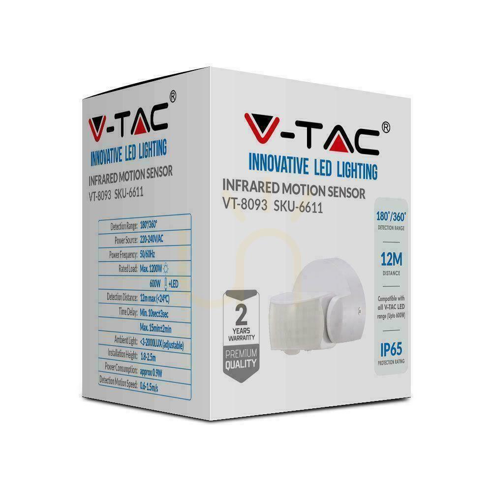 Afişa V-TAC Senzor de mișcare montat pe perete alb 180st/360st IP65 VT-8093 V-TAC Senzor de mișcare montat pe perete alb 180st/360st IP65 VT-8093
