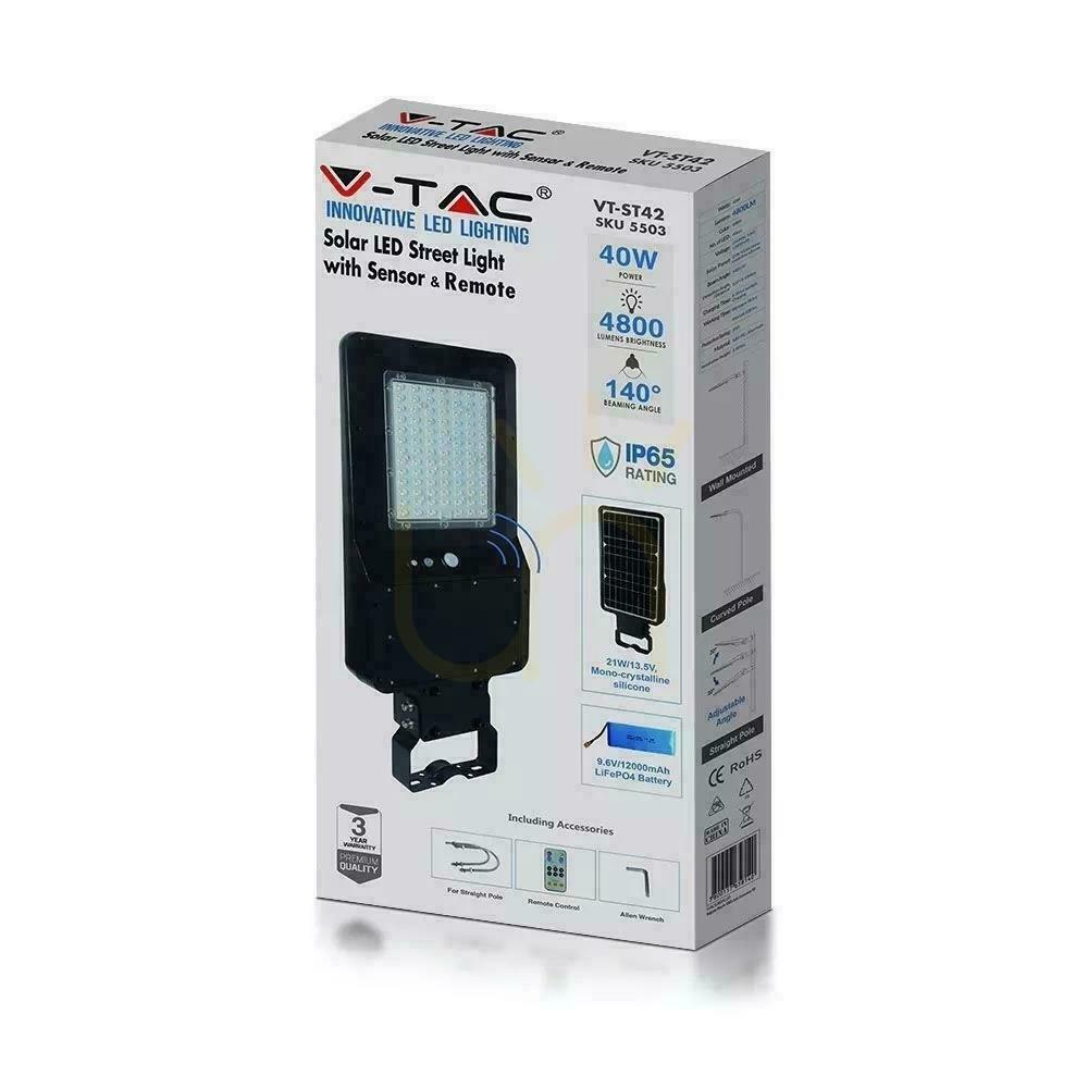 Spectacol V-TAC Solar Street Luminaire 40W LED negru IP65 120Lm/W VT-ST42 4000K 4800lm 3 ani garanție V-TAC Solar Street Luminaire 40W LED negru IP65 120Lm/W VT-ST42 4000K 4800lm 3 ani garanție