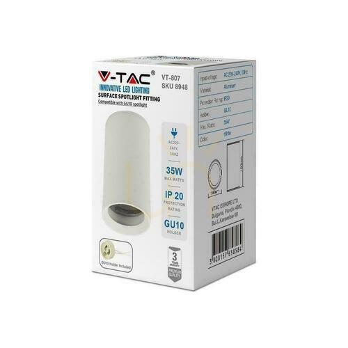 Verifica V-TAC Aluminiu GU10 tub rotund montat la suprafață alb 60x100mm VT-807-W 3 ani garanție