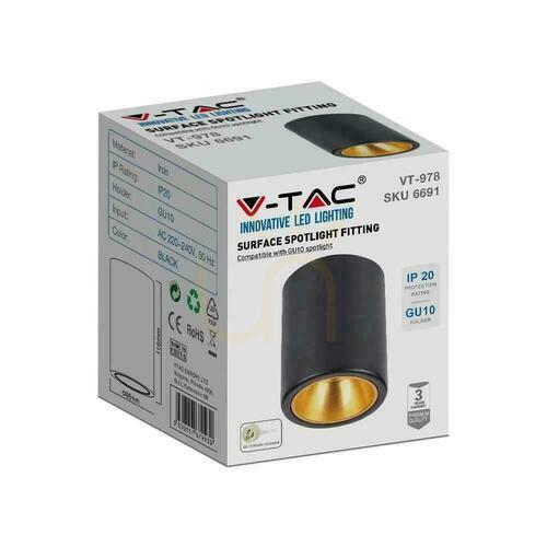 Verifica V-TAC GU10 Tub rotund montat la suprafață Negru+Gold 98x118mm VT-978RD Garanție de 3 ani
