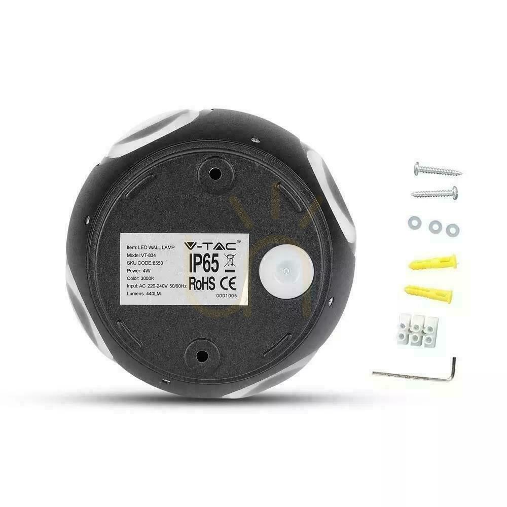 Afişa Lampă de perete V-TAC 4W LED negru rotund IP65 VT-834-B 4000K 428lm. Lampă de perete V-TAC 4W LED negru rotund IP65 VT-834-B 4000K 428lm.