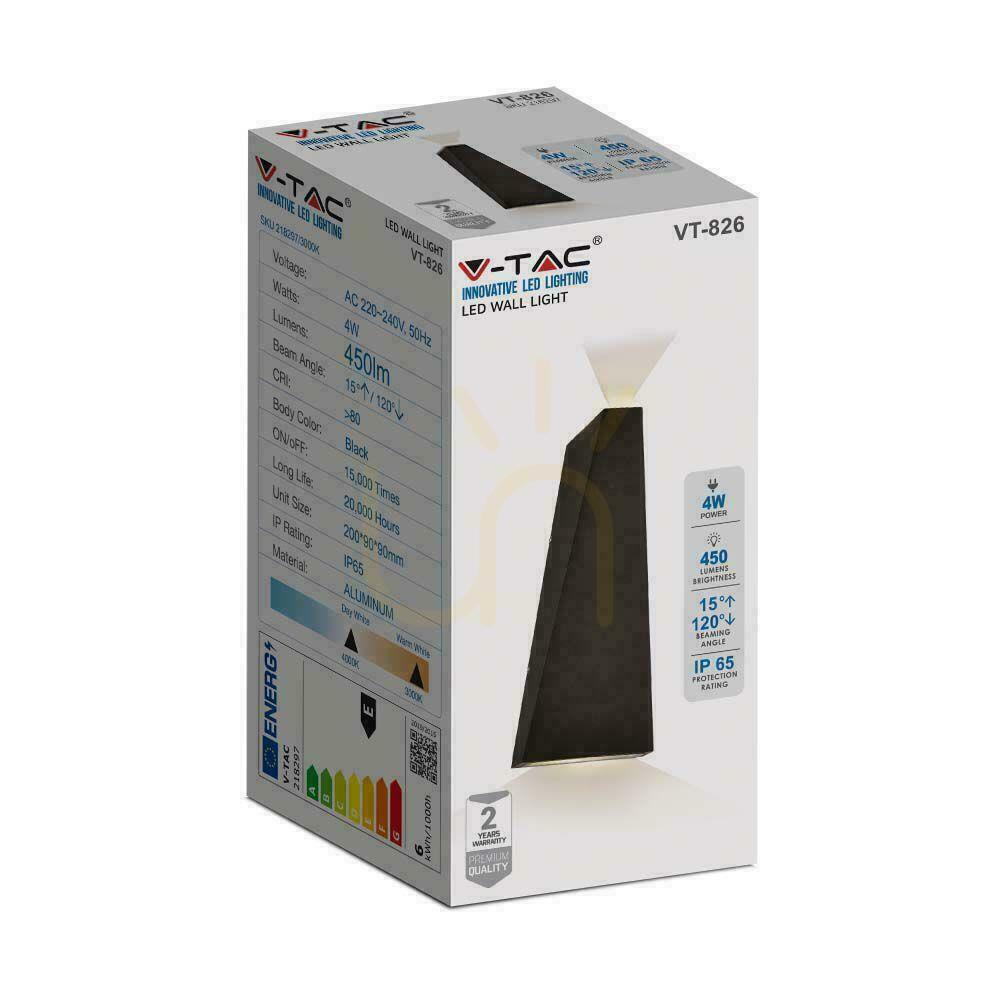 Afişa Lampă de perete V-TAC 4W LED negru IP65 VT-826-B-N 3000K 450lm. Lampă de perete V-TAC 4W LED negru IP65 VT-826-B-N 3000K 450lm.