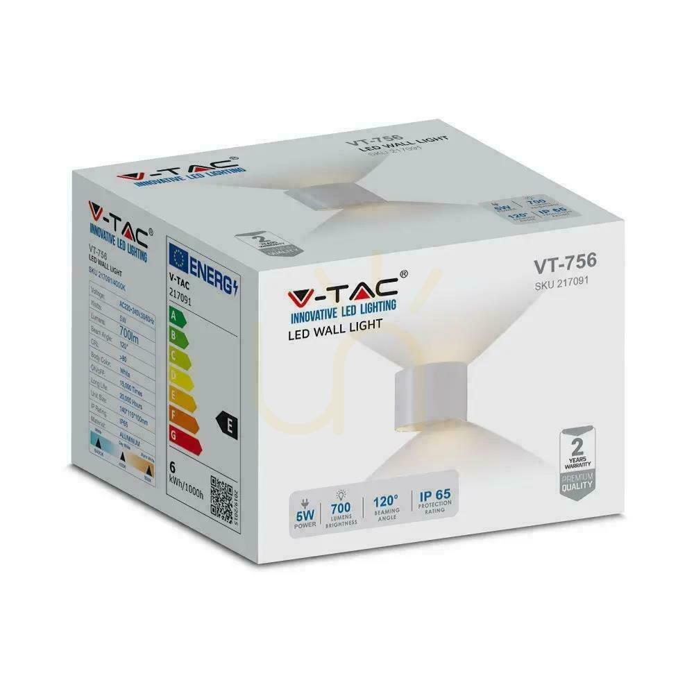 Spectacol Montat pe perete 5W V-TAC sus jos reglabil alb rotund IP65 Bridgelux VT-756 4000K 700lm Montat pe perete 5W V-TAC sus jos reglabil alb rotund IP65 Bridgelux VT-756 4000K 700lm