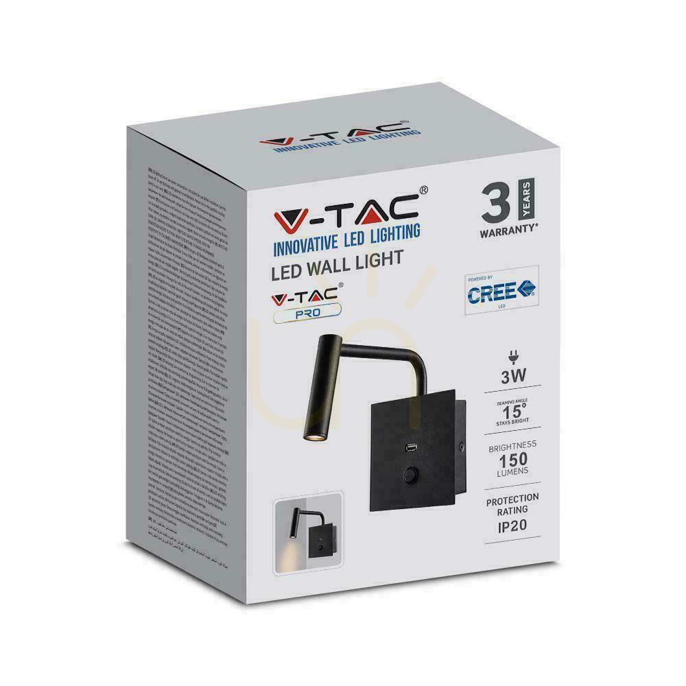 Spectacol Corp LED V-TAC 3W Lampă de perete Hotel Pat Comutator USB Negru COB CREE VT-2943 3000K 150lm 3 ani garanție Corp LED V-TAC 3W Lampă de perete Hotel Pat Comutator USB Negru COB CREE VT-2943 3000K 150lm 3 ani garanție