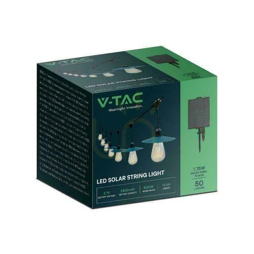 Verifica V-TAC 15mb Solar LED Garden Garland 15xST64 VT-715S Filament 3000K 50lm.