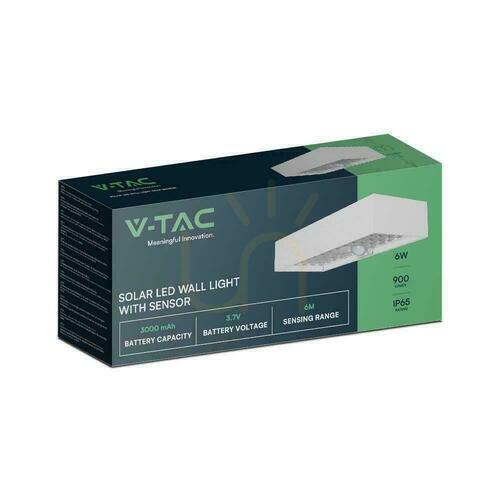 Verifica V-TAC 6W senzor de mișcare alb VT-406 4000K 900lm lampă solară de perete montată pe perete de grădină.