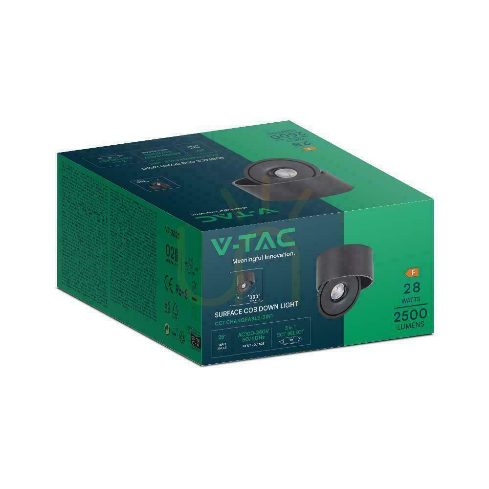 Verifica Downlight de suprafață V-TAC 28W Tilt CRI90 CCT Negru VT-2833 3000K-4000K-6400K 2500lm. Downlight de suprafață V-TAC 28W Tilt CRI90 CCT Negru VT-2833 3000K-4000K-6400K 2500lm.