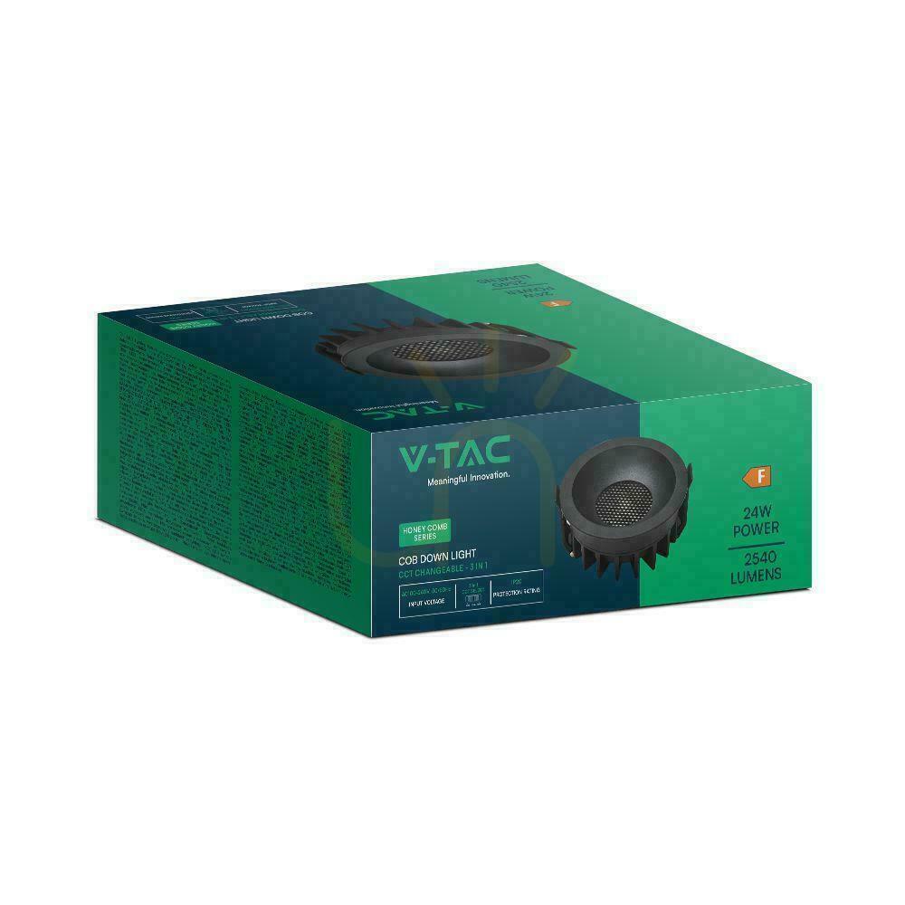 Verifica V-TAC LED Downlight 24W BRIDGELUX CHIP CCT corp de iluminat Black Raster Anti-orbire Honeycomb VT-17024 2540lm V-TAC LED Downlight 24W BRIDGELUX CHIP CCT corp de iluminat Black Raster Anti-orbire Honeycomb VT-17024 2540lm