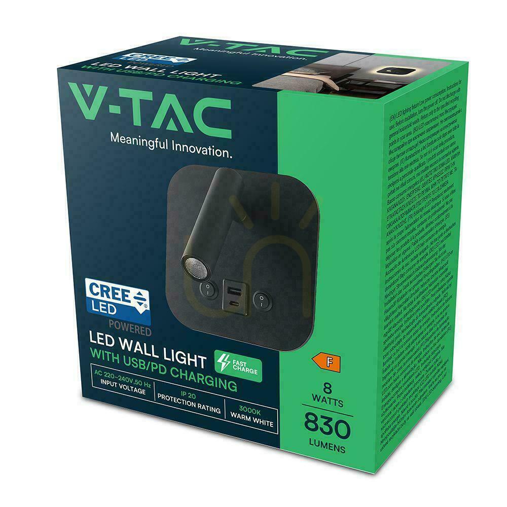 Verifica Corp de iluminat LED V-TAC 8W COB CREE lampă de perete negru hotel pat USB + USB C comutator VT-80068-B 3000K 830lm 2 ani garanție Corp de iluminat LED V-TAC 8W COB CREE lampă de perete negru hotel pat USB + USB C comutator VT-80068-B 3000K 830lm 2 ani garanție