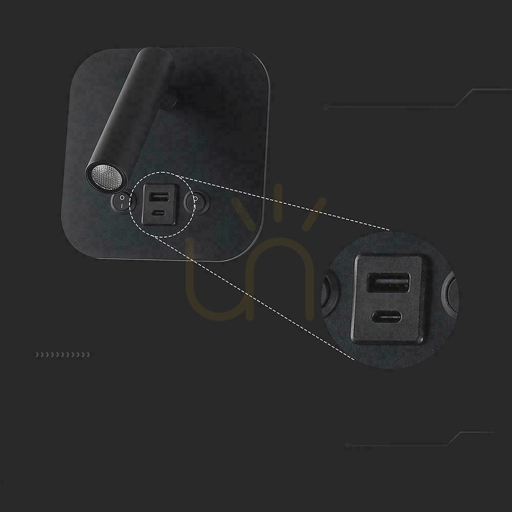 Spectacol Corp de iluminat LED V-TAC 8W COB CREE lampă de perete negru hotel pat USB + USB C comutator VT-80068-B 3000K 830lm 2 ani garanție Corp de iluminat LED V-TAC 8W COB CREE lampă de perete negru hotel pat USB + USB C comutator VT-80068-B 3000K 830lm 2 ani garanție