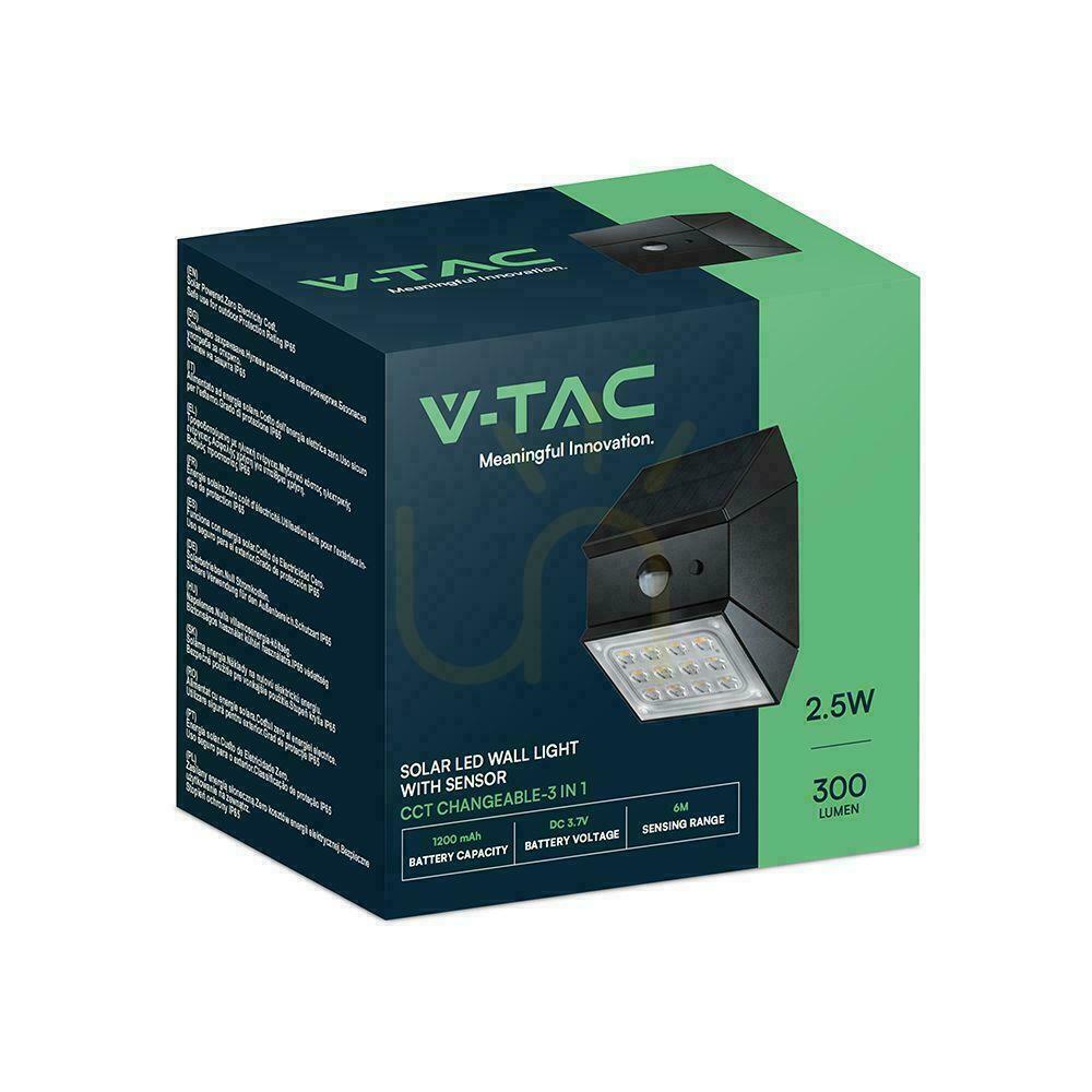 Spectacol V-TAC 2.5W CCT solar perete perete lampă senzor de mișcare negru VT-11025CCT-B 3000K-4000K-6000K 300lm V-TAC 2.5W CCT solar perete perete lampă senzor de mișcare negru VT-11025CCT-B 3000K-4000K-6000K 300lm