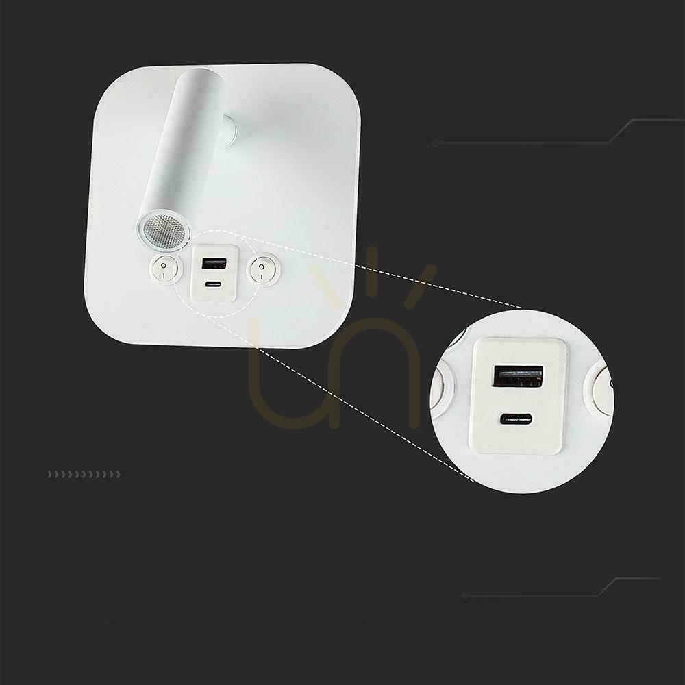 Spectacol LED corp de iluminat V-TAC 8W COB CREE lampă de perete alb hotel pat USB + USB C comutator VT-80068-W 3000K 830lm 2 ani garanție LED corp de iluminat V-TAC 8W COB CREE lampă de perete alb hotel pat USB + USB C comutator VT-80068-W 3000K 830lm 2 ani garanție