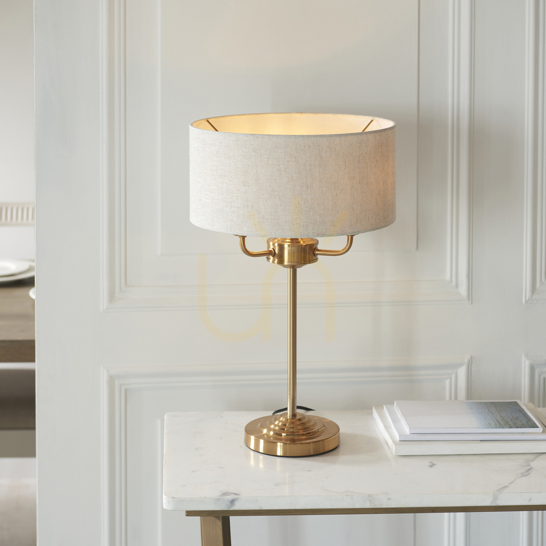 Afişa Lampă de masă Endon Highclere Brass 3 becuri E14 Ø32 cm textile natural Lampă de masă Endon Highclere Brass 3 becuri E14 Ø32 cm textile natural
