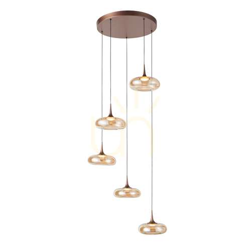 Verifica Pendul Italux LED 5 becuri cupru sticlă chihlimbar, dimabil, PND-24028-5A-COPP