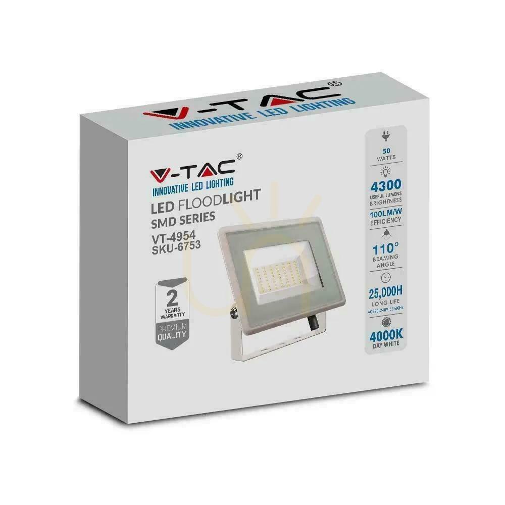 Afişa V-TAC LED proiector 50W SMD clasa F alb VT-4954 4000K 4300lm. V-TAC LED proiector 50W SMD clasa F alb VT-4954 4000K 4300lm.