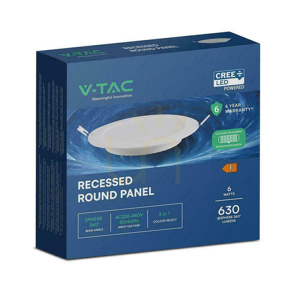 Verifica V-TAC 6W LED CREE CHIP panou downlight încastrat rotund 120x28mm VT-61006CCT 630lm 6 ani garanție V-TAC 6W LED CREE CHIP panou downlight încastrat rotund 120x28mm VT-61006CCT 630lm 6 ani garanție