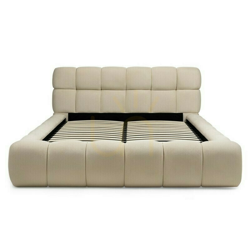 NEXTO Upholstered Bed, 160 x 200 cm, with frame and storage, light beige, featuring rounded shapes by Nova Nook