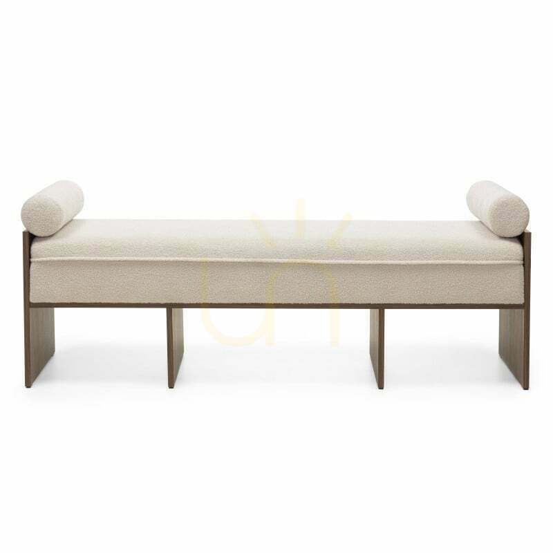 FOPPO upholstered bench in light beige, made of bouclé fabric, with a Wisconsin Nova Nook walnut finish