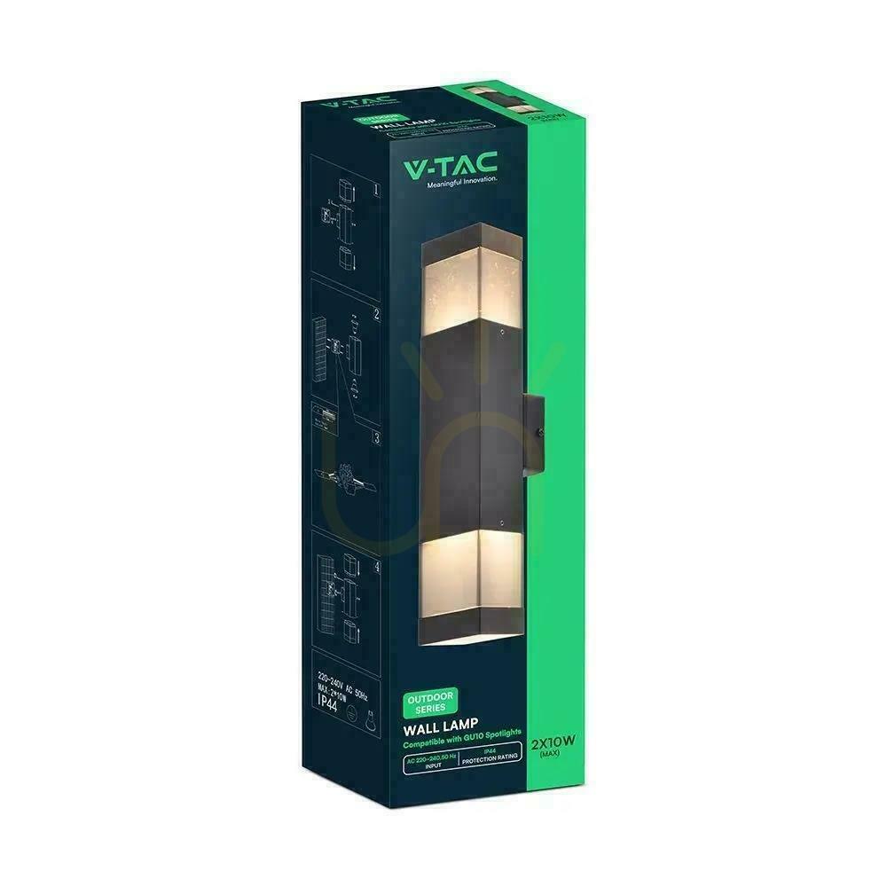 Afişa Corp de iluminat exterior cu montare pe perete V-TAC LED 2xGU10 negru IP44, model VT-10187, garanție de 3 ani Corp de iluminat exterior cu montare pe perete V-TAC LED 2xGU10 negru IP44, model VT-10187, garanție de 3 ani