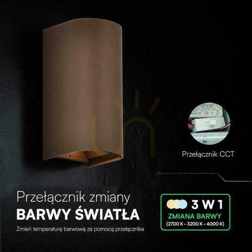 Verifica Aplică de perete V-TAC cu LED COB de 10 W, maro Corten, IP65, reglare a temperaturii de culoare (CCT) VT-120113 2700K-3200K-4000K 1250 lm