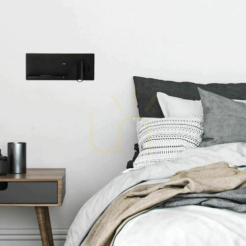 Verifica Lampă de citit cu LED de 3 W, montată pe perete + lumină orientată în sus de 6 W, 3000 K, negru, cu încărcătoare USB și wireless, ZAMBELIS
