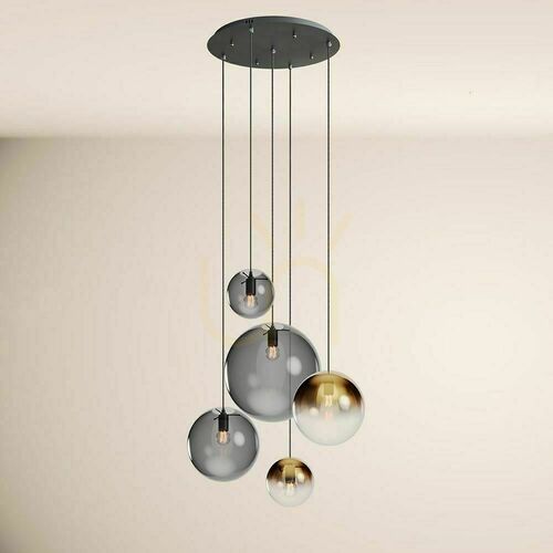 Verifica Lampă suspendată s.luce Orb Modular 5xE27, globuri din sticlă aurie degradé și fumurie, rozetă neagră