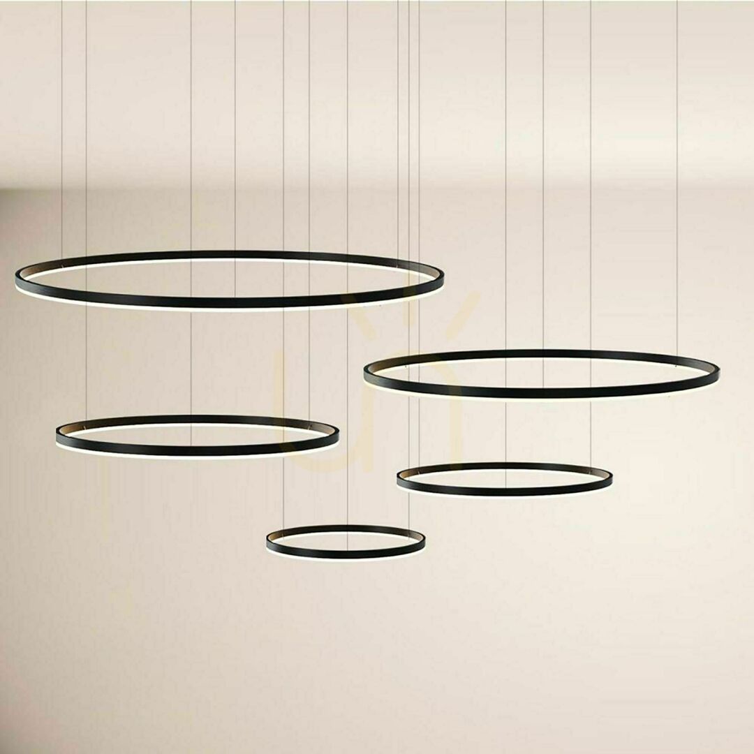 Vedere Lustră suspendată LED s.luce Ring neagră 5 inele 120 cm dimabilă Lustră suspendată LED s.luce Ring neagră 5 inele 120 cm dimabilă