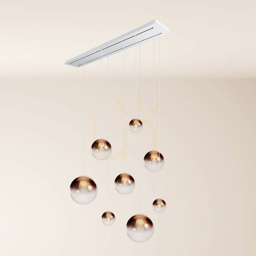Verifica Lustră s.luce Orb cu 8 surse, sticlă în degrade cupru, suspensie albă, 160 cm