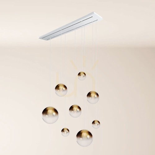Verifica Lustră s.luce Orb aurie, 8 becuri, sticlă și metal, rotundă, dimmabilă