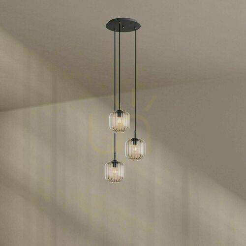 Verifica Lustră s.luce Velo 3×E27, abajururi transparente Ø20 cm, rozetă neagră Ø40 cm