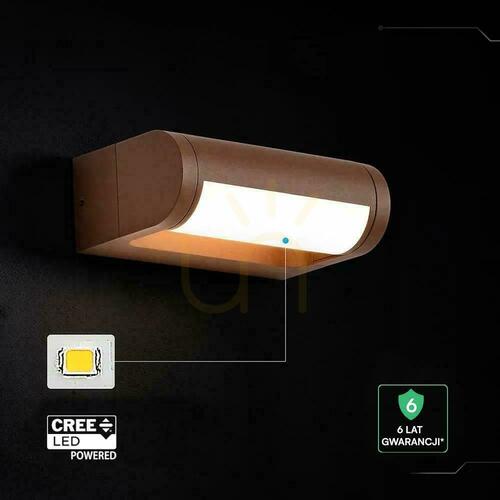 Verifica V-TAC 10W cu cip CREE, aplice de perete reglabile pentru grădină, IP65, culoare maro Corten, model VT-120012-C, 3000K, 1550 lm, garanție de 6 ani