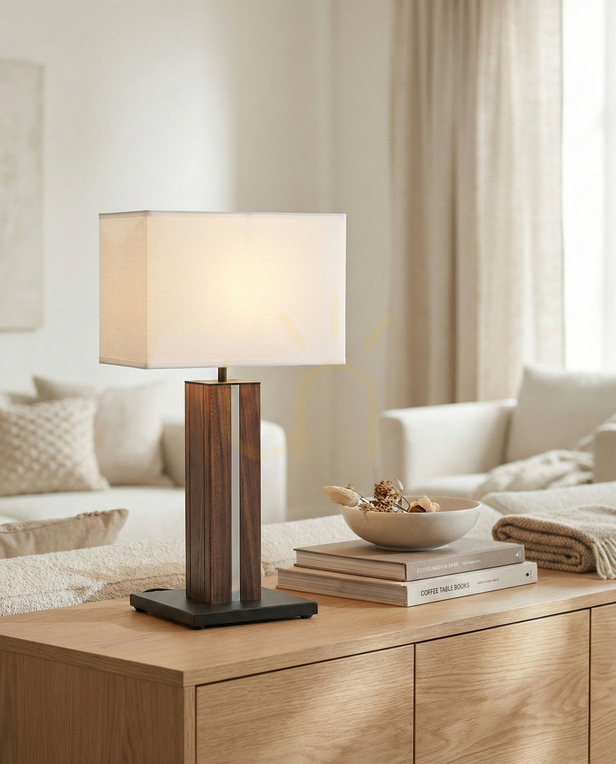 Vedere Lampa de masă Flamo, nuc/negru, abajur alb, 1xE27 + 1xLED 4,6 W, 30 cm Lampa de masă Flamo, nuc/negru, abajur alb, 1xE27 + 1xLED 4,6 W, 30 cm