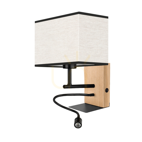 Verifica Aplică de perete Lector, stejar uleiat/negru, abajur bej-negru, 1xE27 + 1xLED 2,8 W, 22 cm