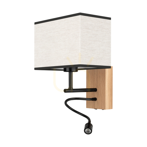 Verifica Aplică de perete Lector, stejar uleiat/negru, abajur bej-negru, 1xE27 + 1xLED 2,8 W, 22 cm