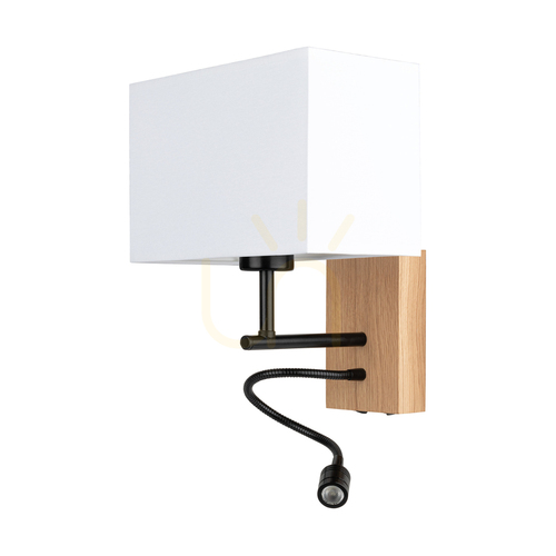 Verifica Aplică de perete Lector, stejar uleiat/negru, abajur alb, 1xE27 + 1xLED 2,8 W, 22 cm