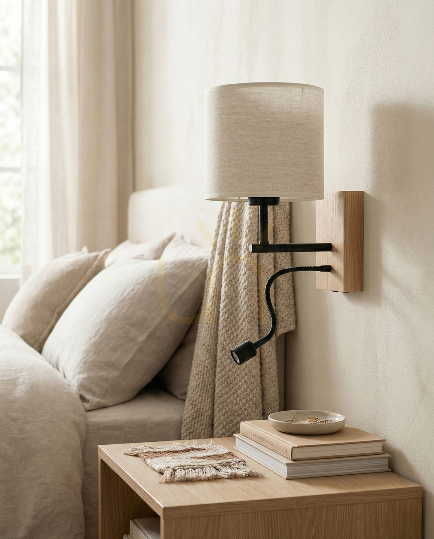 Vedere Aplică de perete Lector, stejar uleiat/negru, abajur bej, 1xE27 + 1xLED 2,8 W, 21,5 cm Aplică de perete Lector, stejar uleiat/negru, abajur bej, 1xE27 + 1xLED 2,8 W, 21,5 cm