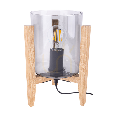 Verifica Lampa de masă „Smoky”, 1xE27, Max. 60 W, stejar uleiat/PVC negru/sticlă fumurie, 18 cm