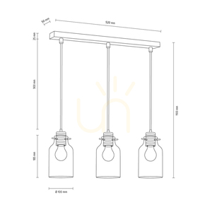 Lampa suspendată Alessandro, 3xE27, Max. 60 W, lemn de fag și nuc / metal negru / cablu din PVC negru / abajur din sticlă transparentă, 52 cm small 2