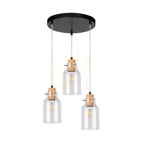 Verifica Lampa suspendată Alessandro, 3xE27, Max. 60 W, stejar uleiat/metal negru/cablu din PVC transparent/abat-jour din sticlă transparentă, Ø 30 cm